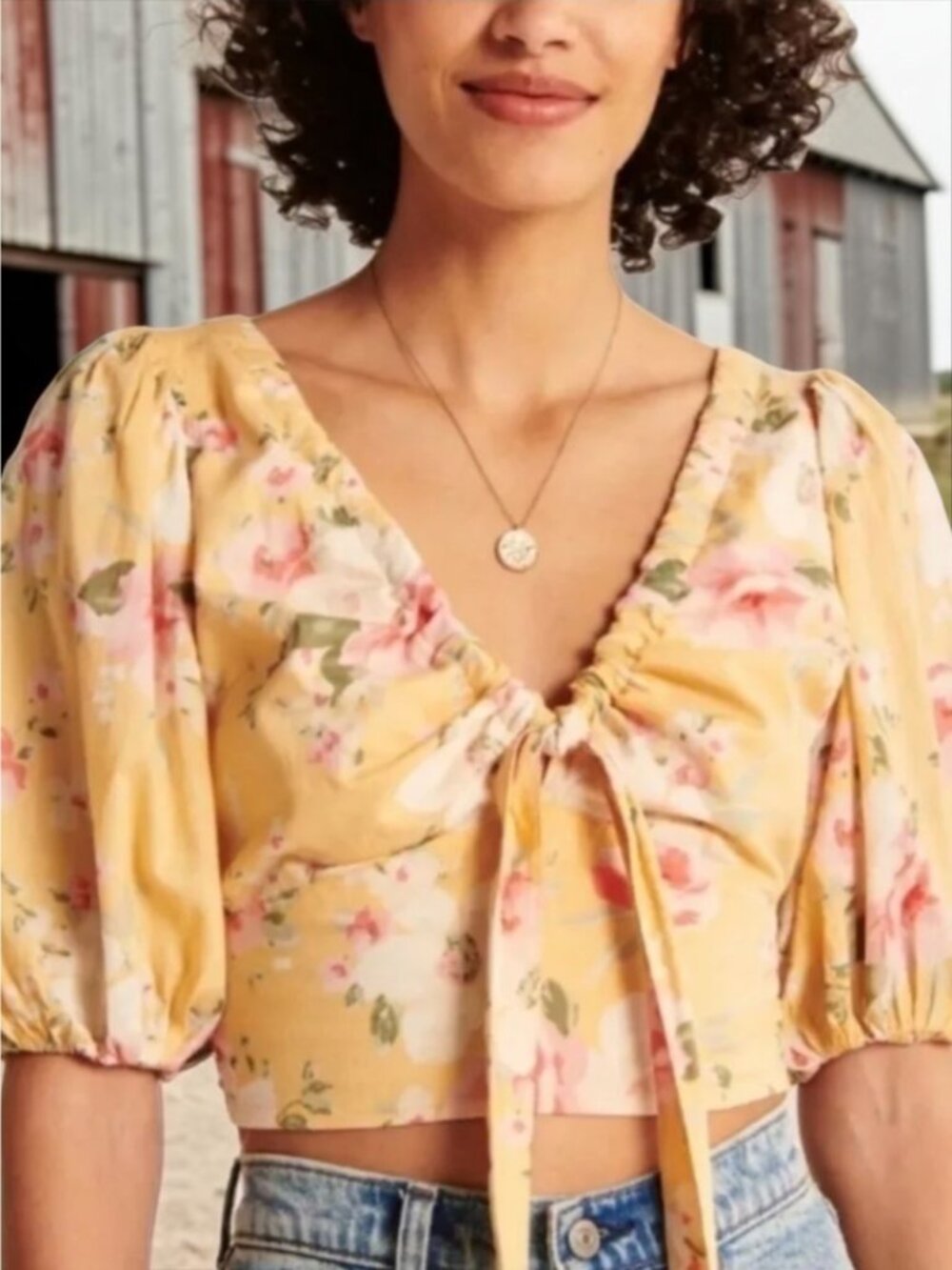 Abercrombie and Fitch Floral Crop Tie Top Shirt L Yellow Cotton